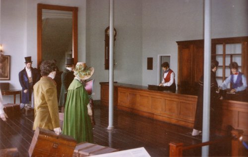 The railway booking hall in Manchester as it was in the 1830s