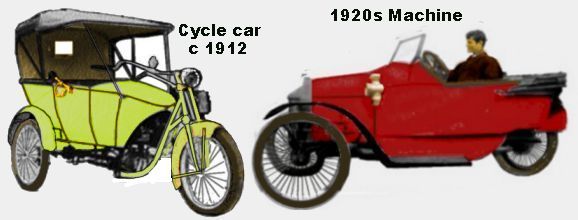 1912 cycle car and a 1920s machine