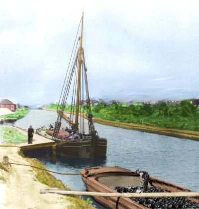 Sketch of a coastal sailing barge and a horse drawn canal barge alongside