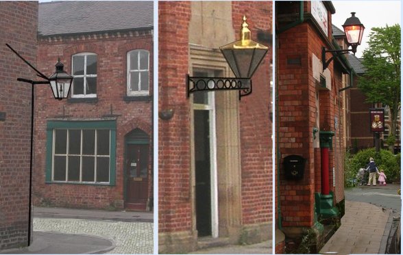 Gas lamps on street corner and above pub door