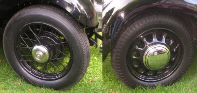 Spoked and pressed steel motor car wheels