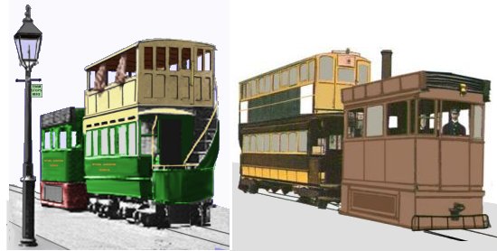 Sketches of steam tram and their trailers