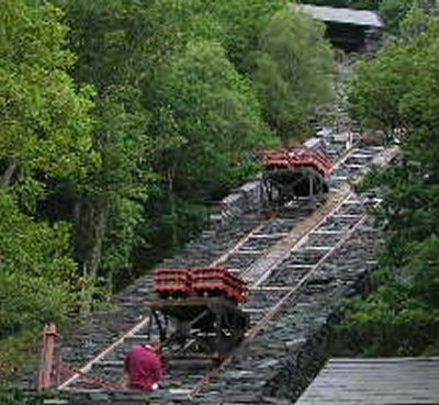 Photo of slate trucks on a steep incline at a North Wales slate quarry