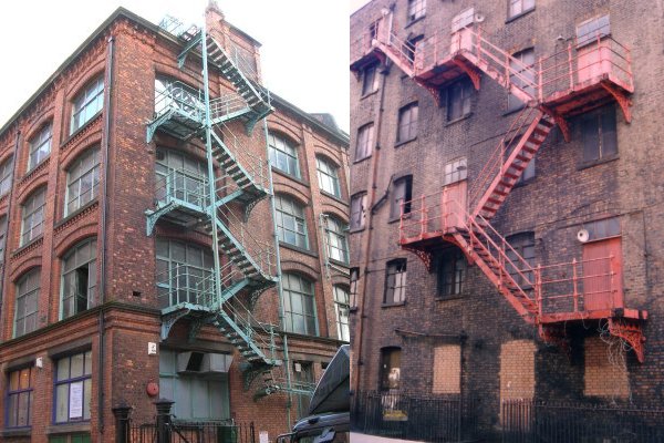 Photos of fire escapes on industrial buildings