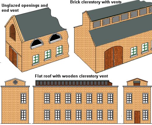 Sketch showing ventilation using unglazed openings and  roof mounted timber louvered sided celestory