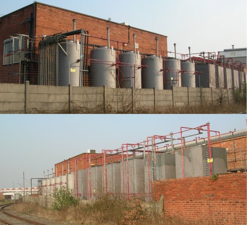 photos showing a selection of industrial tanks against the rear wall of an electrical insulation factory