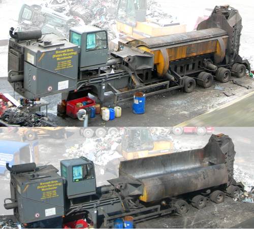 Photos showing typical scrap yard Car crusher photographed in 2007
