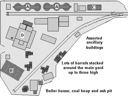 Sketch showing tar distillery on corner of a layout