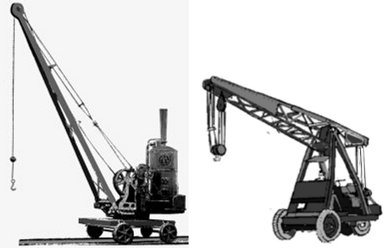 Sketch of a small steam crane on rails as used in wood yards and a small petrol crane from the 1930s