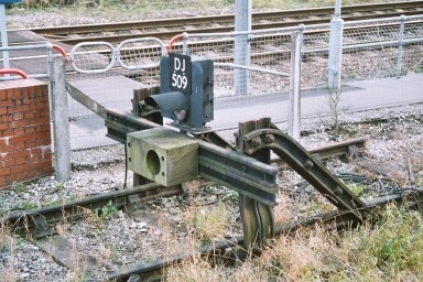 Modern buffer stop used on the Manchester super tram line incorporating a with Scharfenberg stop block