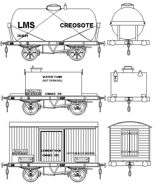 Sketches showing LMS Creosote tank, British Railways Water tank and cement mixer van