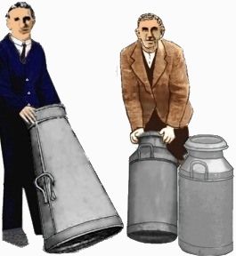 Sketch showing the conical and cylindrical milk churns being moved.