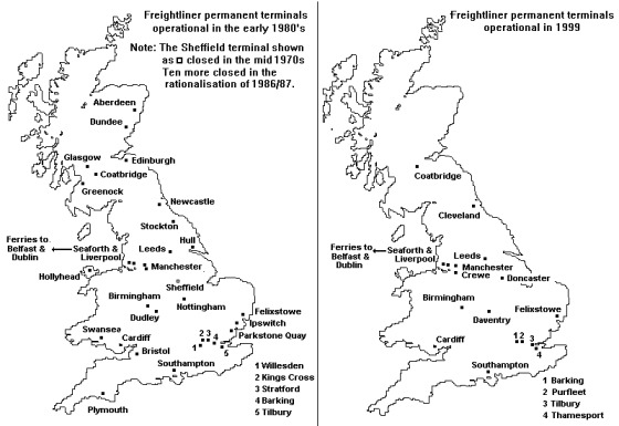 Maps showing the freightliner terminals in early 1980's and late 1990's