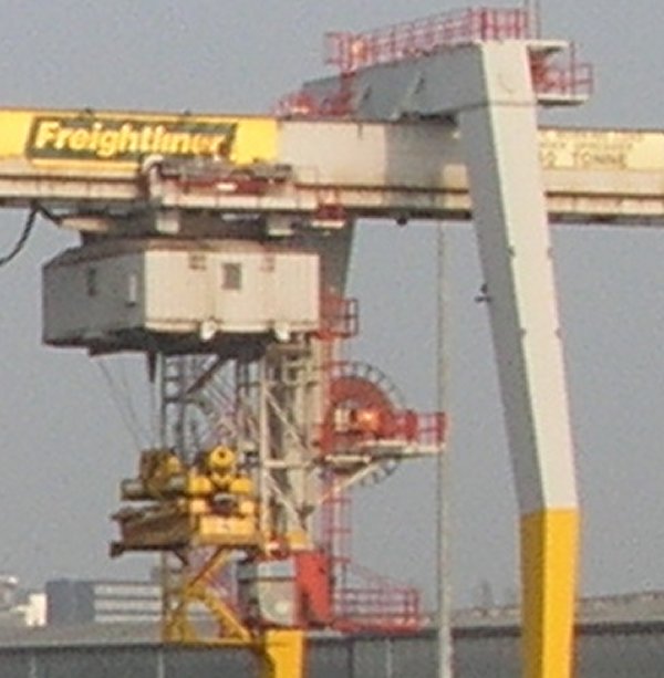 Close up photo of a modern Freightliner terminal crane lifting gear
