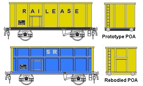 Sketch of the prototype design of POA scrap metal wagon in original livery and rebodied design in Standard Railfreight livery