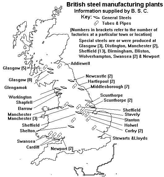 Map showing the major British Steel Corporation plants and indicating what they produced.