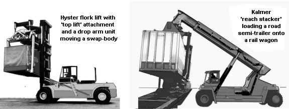 Fork-lift with top lift and reach stacker with drop arm attachement