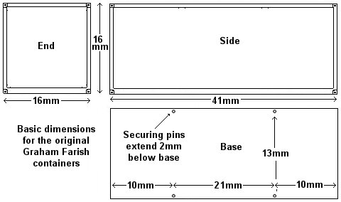 Sketch showing dimensions of Graham Farish original 20 foot containers