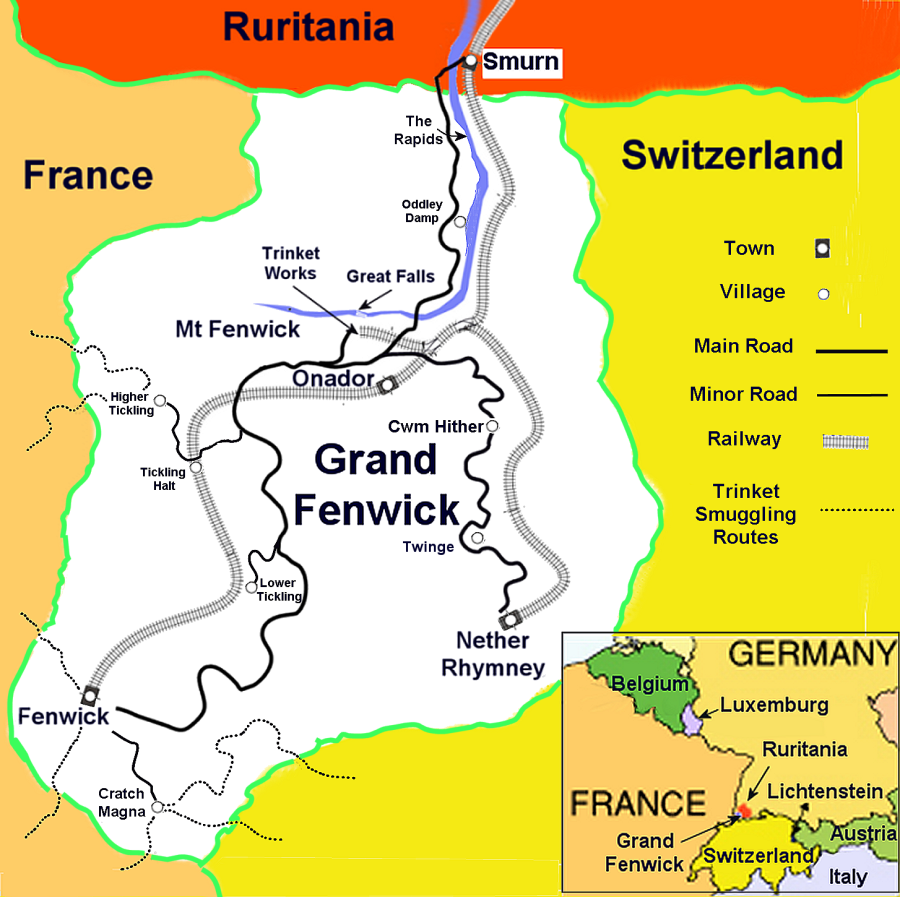 Map showing Grand Fenwick including orads, rivers, railways and towns with inset showing location of the country surrounded by France Ruritania and Switzerland