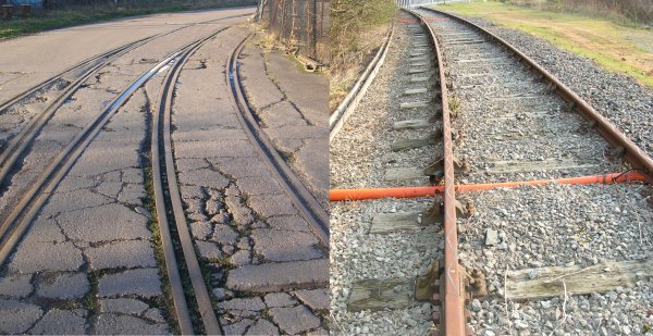Inset and exposed tracks on an industrial estate